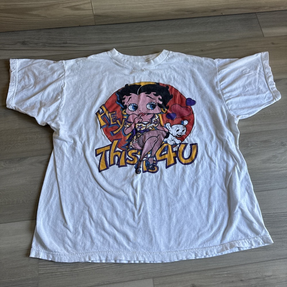 Vintage Betty Boop Hey‎ This is 4U Shirt With Pudgy Size Large White T-shirt